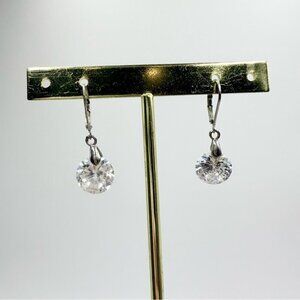 Silver Tone Round White Crystals Dangle Hook Stud Earrings